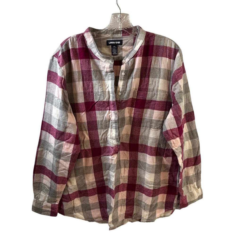 Lands End Womens XL 18 Plaid Flannel Shirt Burgundy Grey Band Collar Cotton